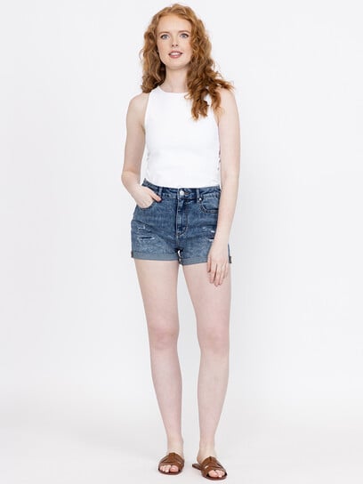 Women's High Rise Rip & Repair Medium Wash Cuffed Shortie Women's High Rise Rip & Repair Medium Wash Cuffed Shortie
