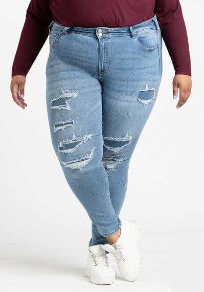 Women's Plus 2 Button Rip & Repair Skinny Jeans Image 2