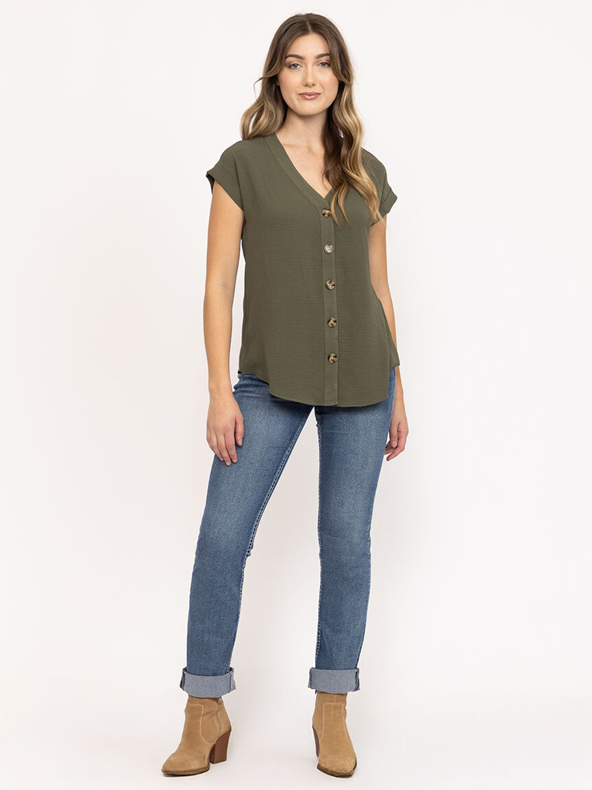 Women's Solid Button Front Top