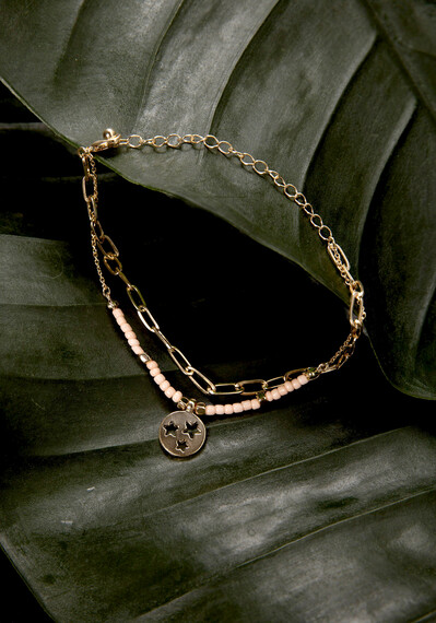 Women's Peach Bead Gold Chain Anklet Image 4