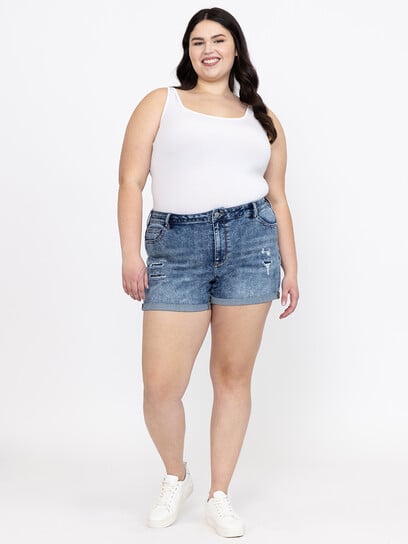 Women's Plus High Rise Rip & Repair Medium Wash Cuffed Shortie Women's Plus High Rise Rip & Repair Medium Wash Cuffed Shortie