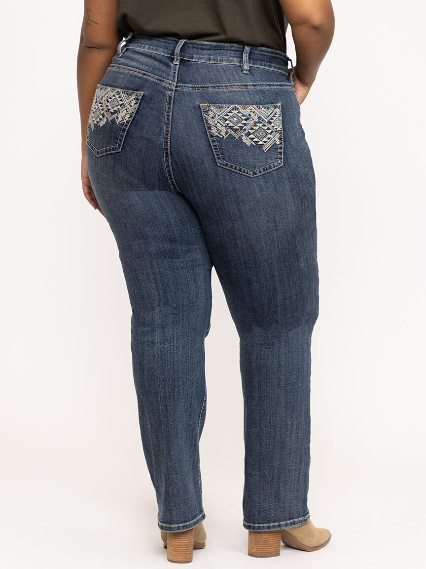 Women's Plus Medium Dark Wash Geo Embroidered Straight Jeans