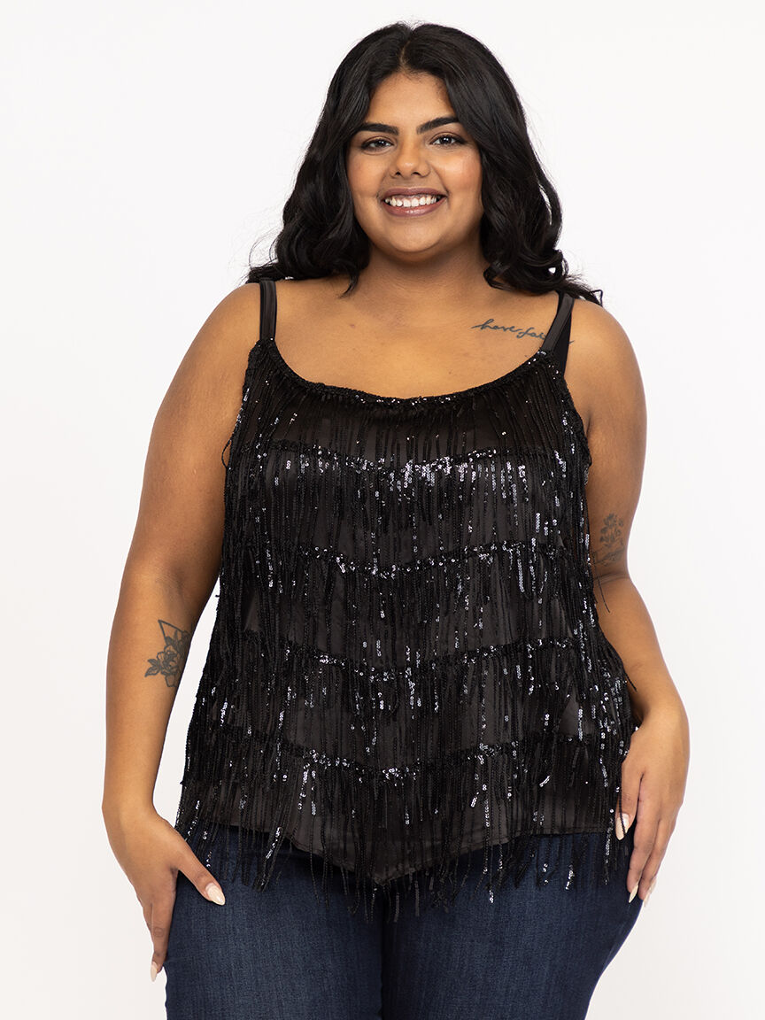 Women's Sequin Fringe Strappy Tank Top