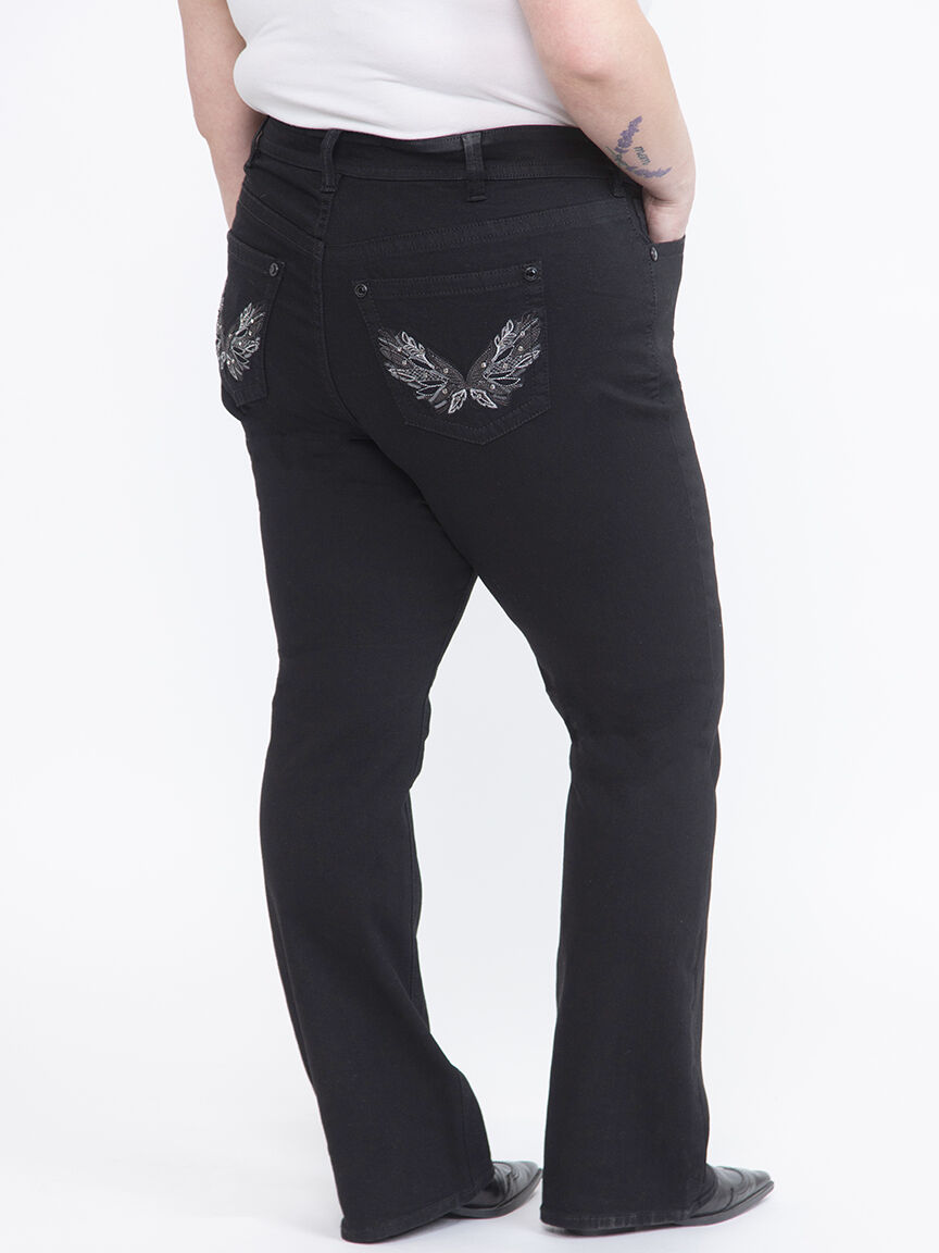 Women's Plus Embellished Back Pocket Black Baby Boot Jeans