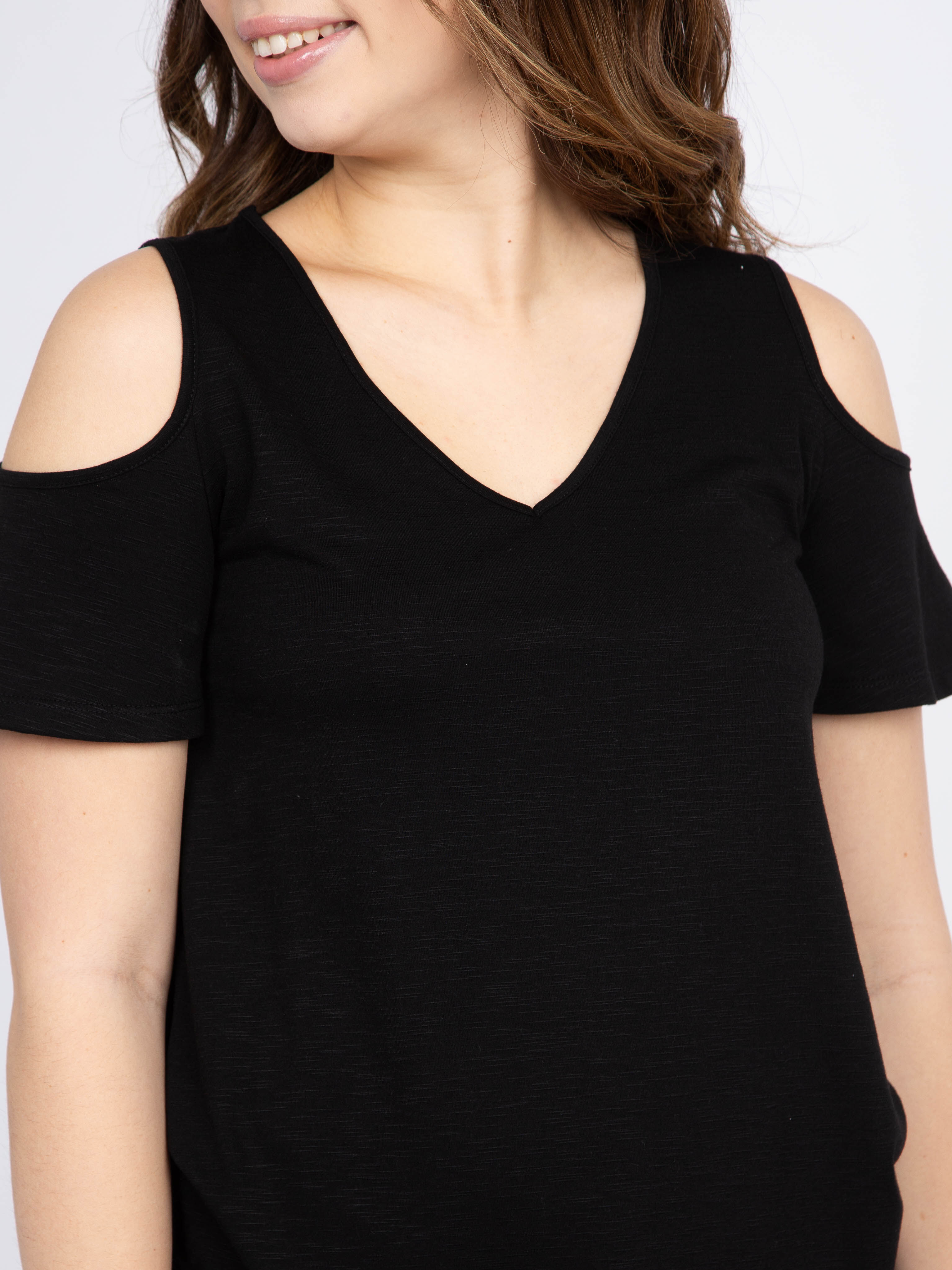 Textured V-Neck Cold Shoulder Top