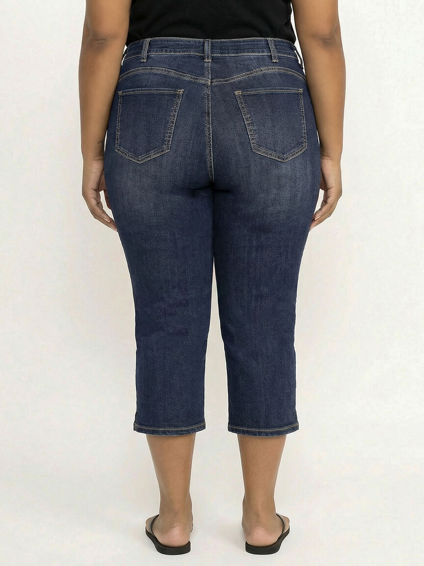 Women's Plus Side Slit Hem Dark Wash Jean Capri