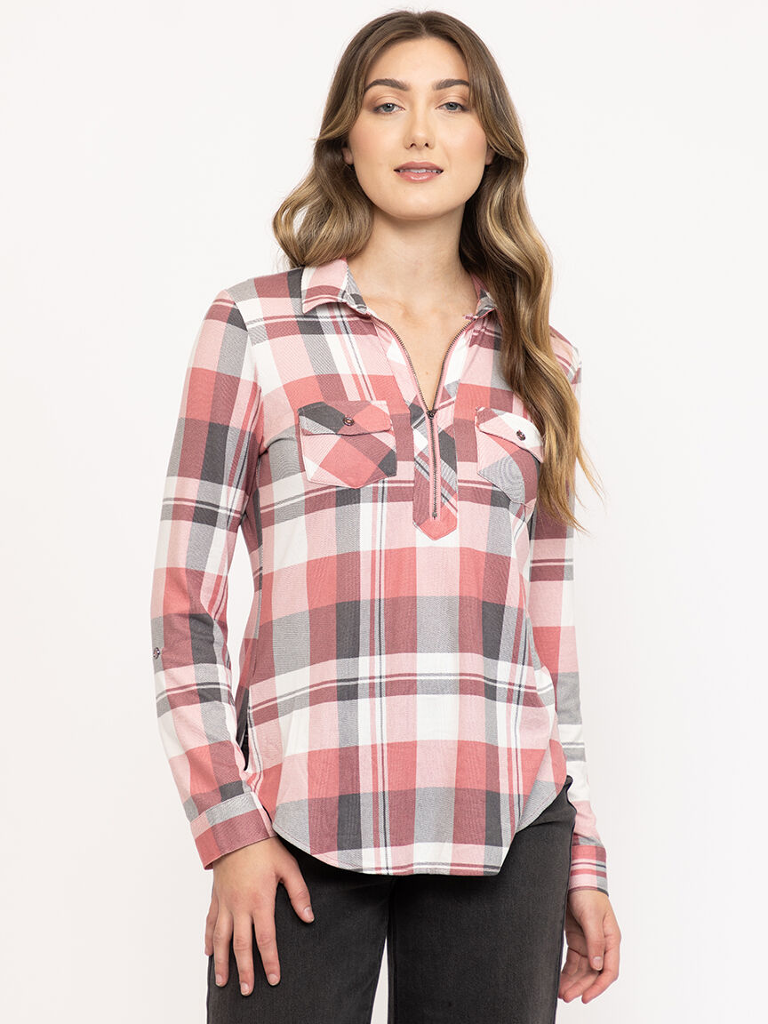 Women's Half Zip Plaid Shirt