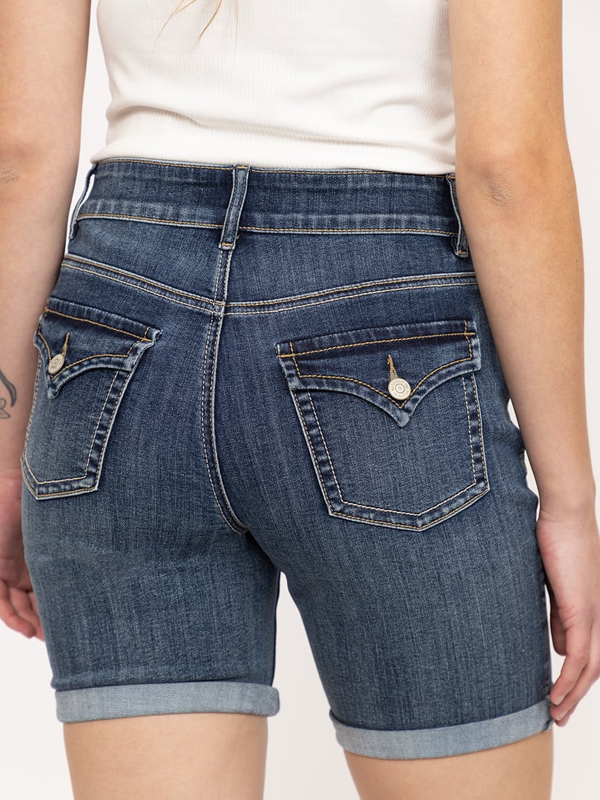 Women's 2 Button Medium Dark Wash Mid Rise Bermuda Short