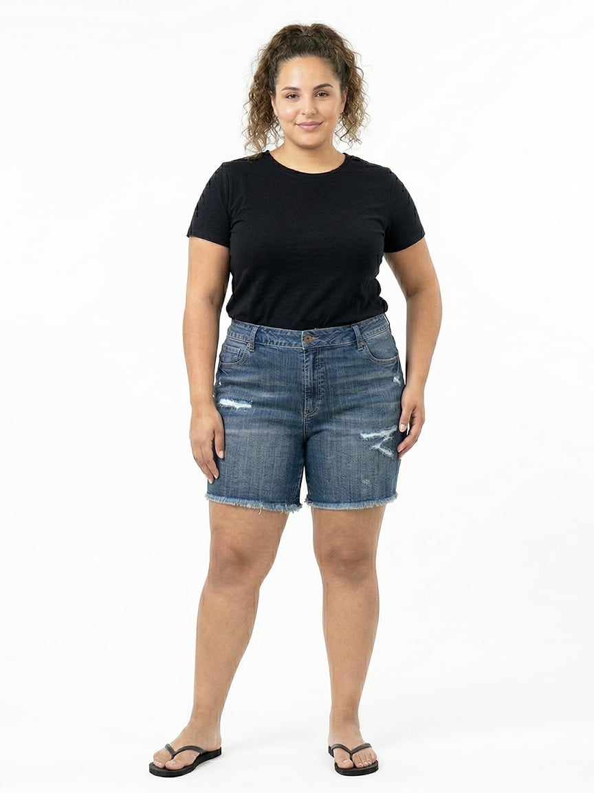 Women's Plus Medium Dark Wash Frayed Hem Shortie with Eyelet Insert