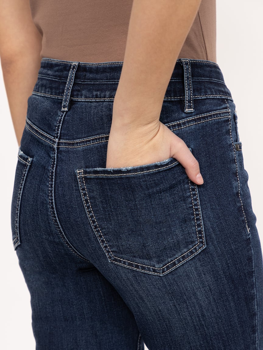 Women's 2 Button Dark Wash Mid Rise Cuffed Jean Capri