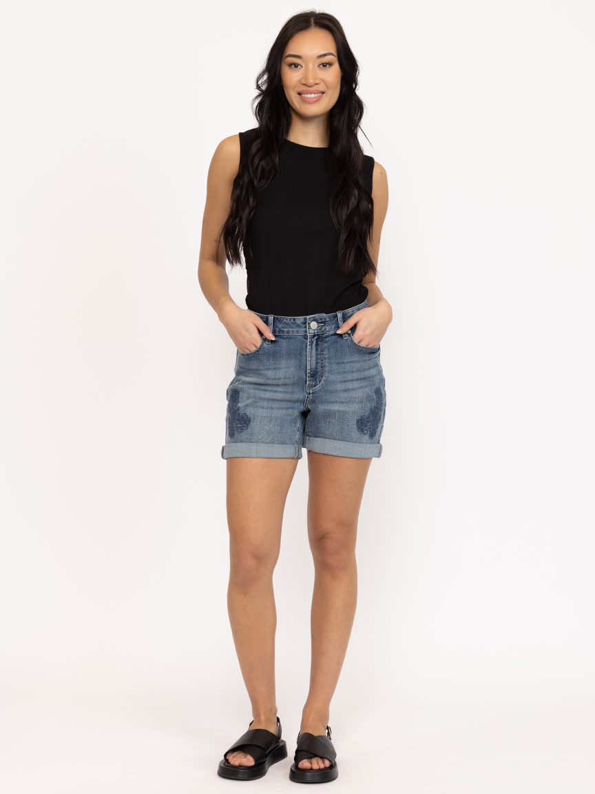 Women's Medium Wash Embroidey Cuffed Mid