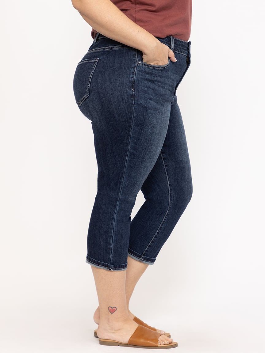 Women's Plus 2 Button Dark Wash Mid Rise Cuffed Jean Capri