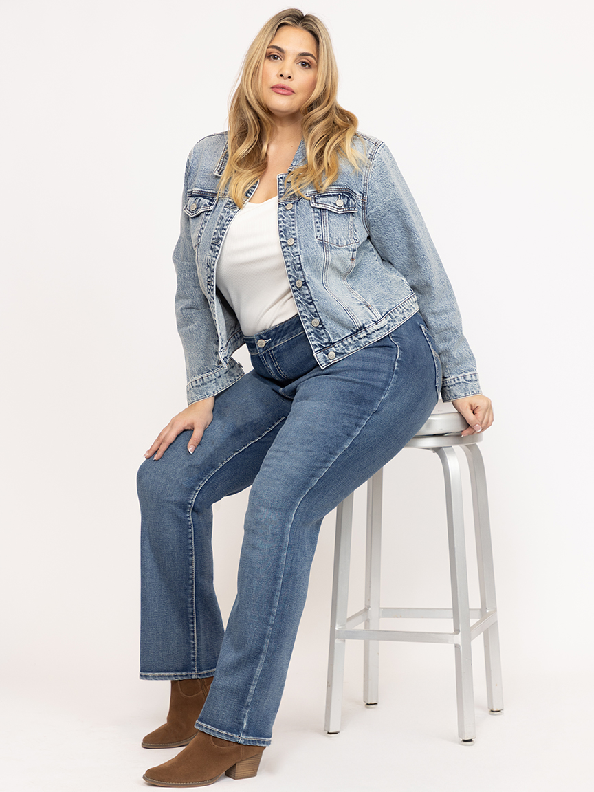 Women's Plus Medium Wash Embroidered Baby Boot Jeans