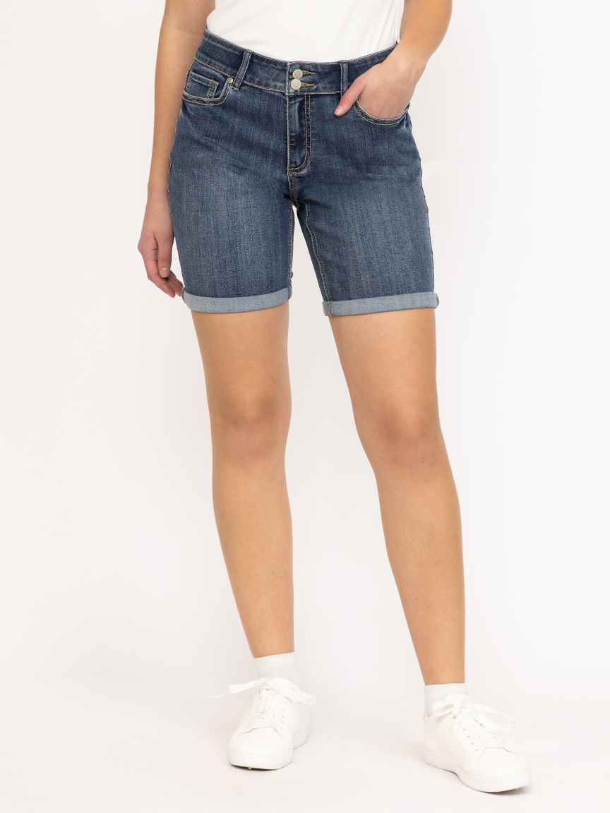 Women's 2 Button Medium Dark Wash Mid Rise Bermuda Short