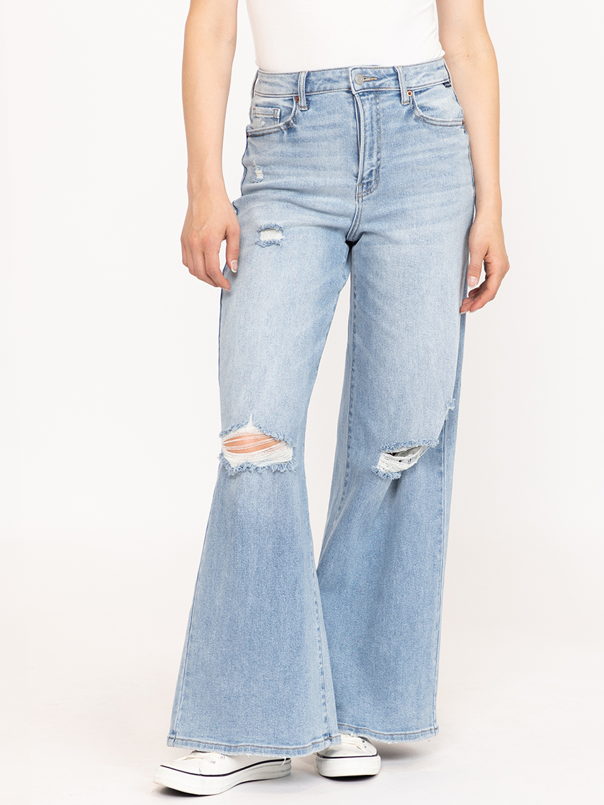 Women's Light Wash Distress High Rise Wide Leg Jeans