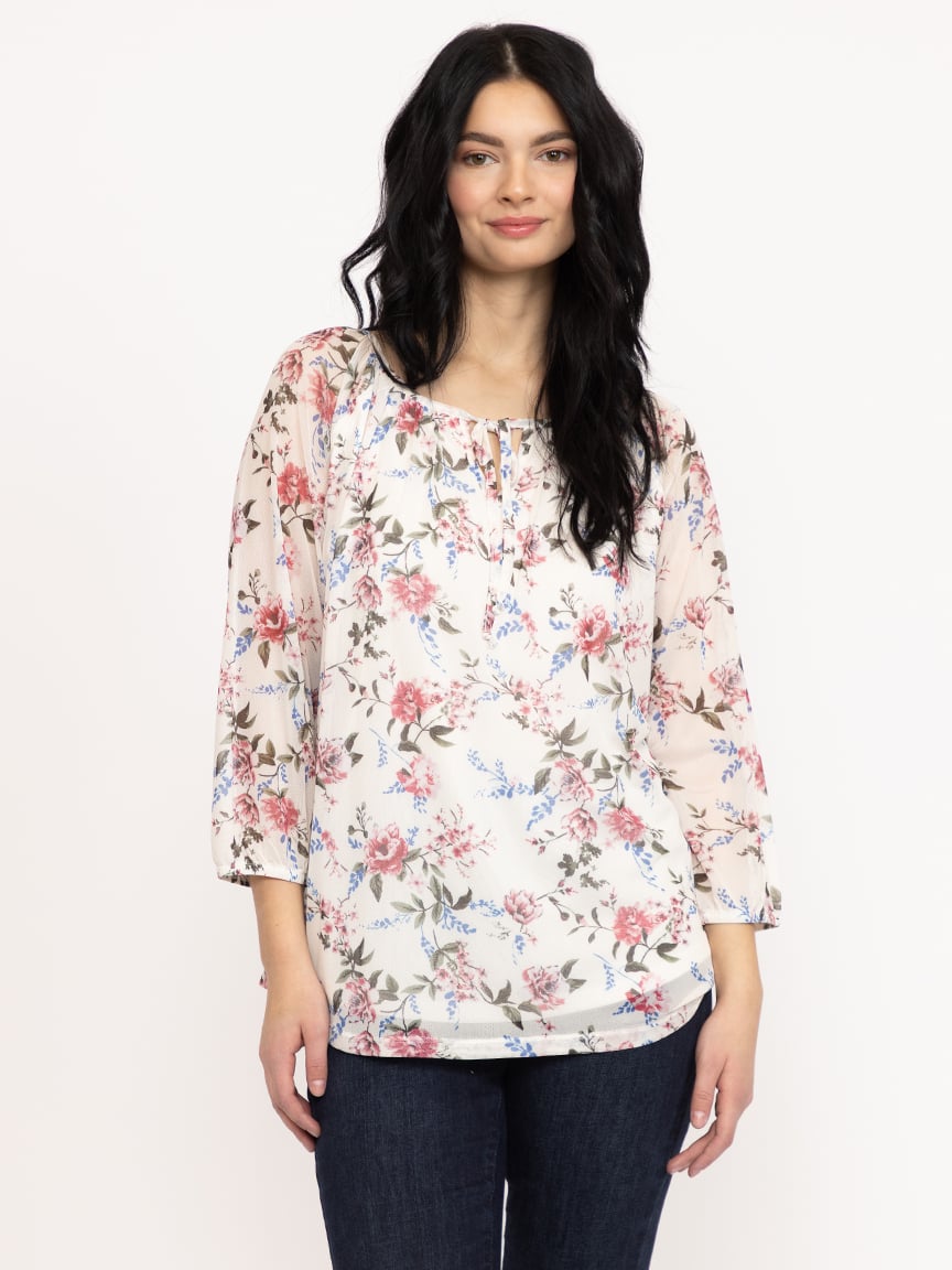 Women's Floral Mesh Peasant Top