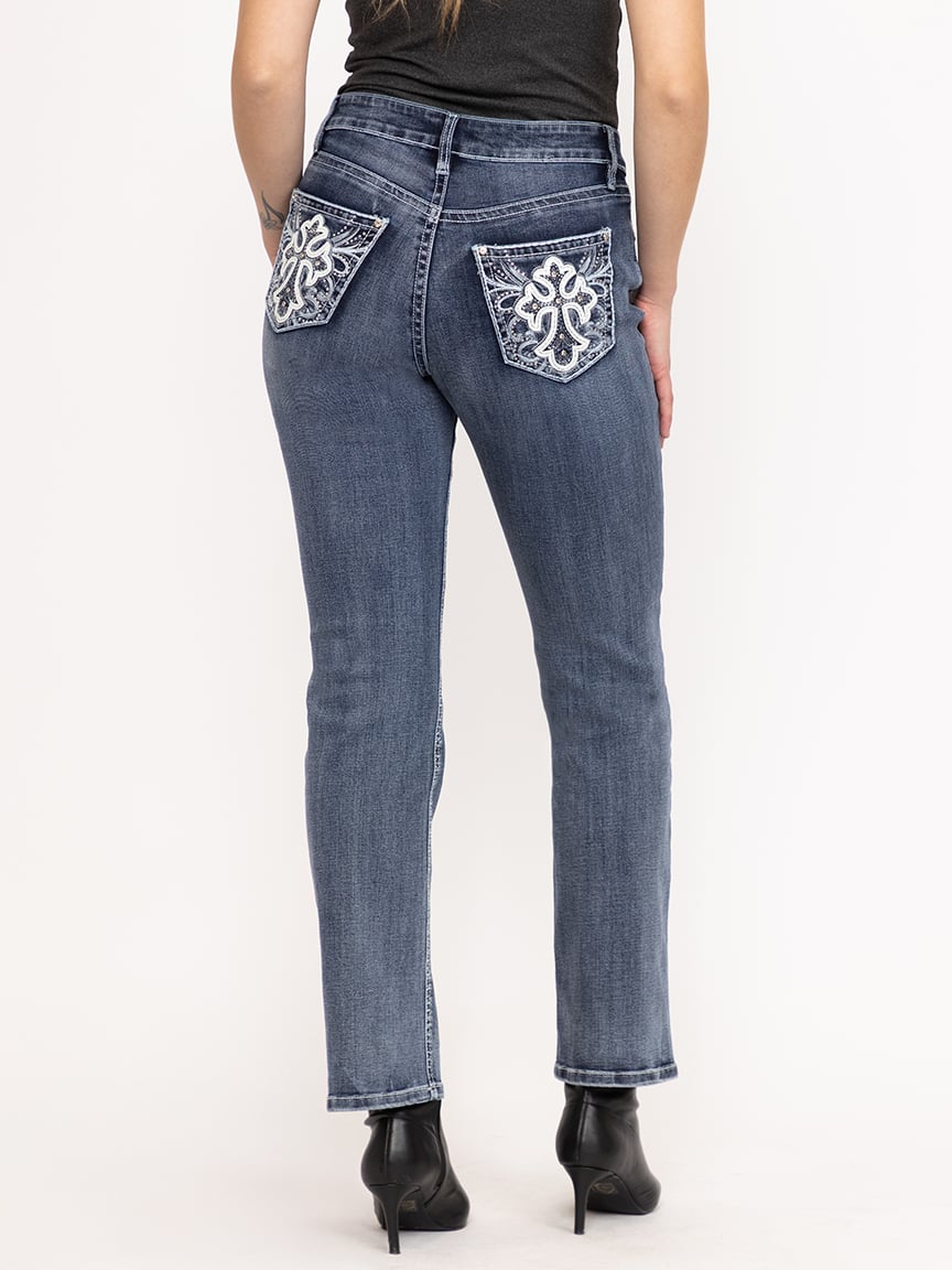 Women's Medium Dark Wash Cross Embellis