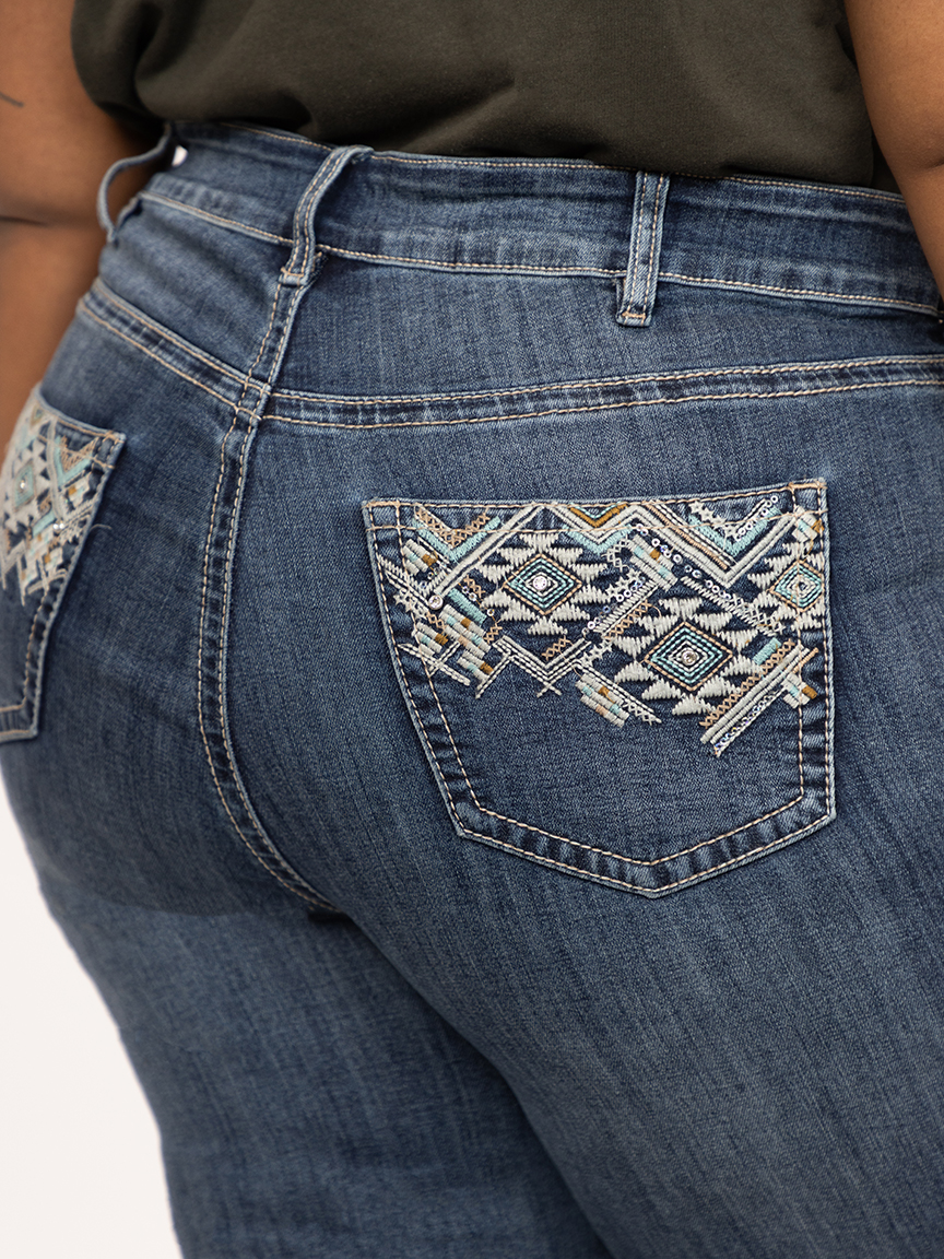 Women's Plus Medium Dark Wash Geo Embroidered Straight Jeans