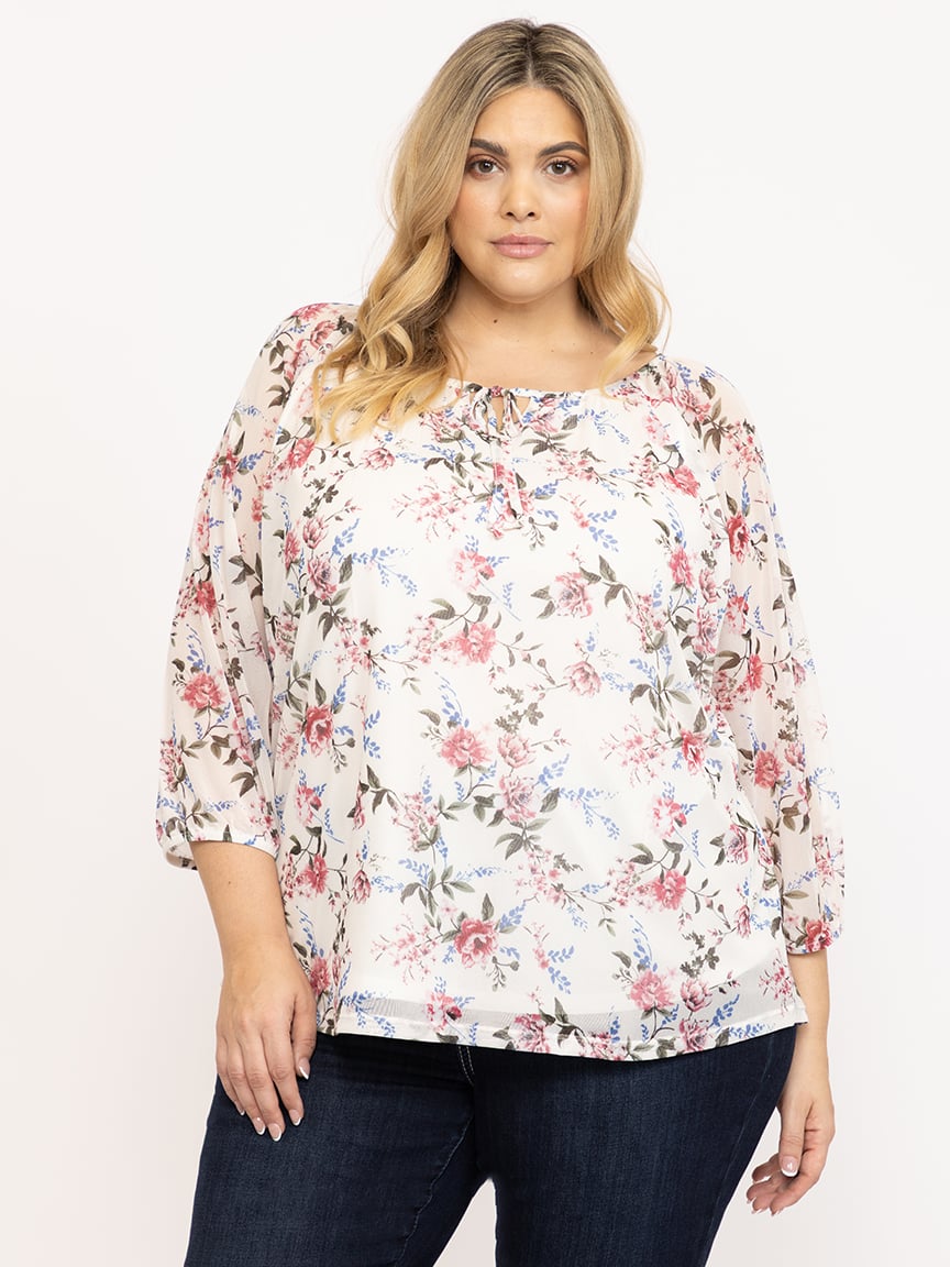 Women's Floral Mesh Peasant Top