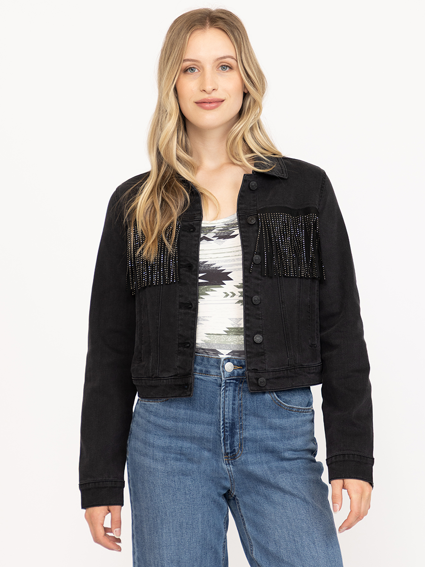 Womens Rhinestone Fringe Black Cropped Denim Jacket Warehouse One