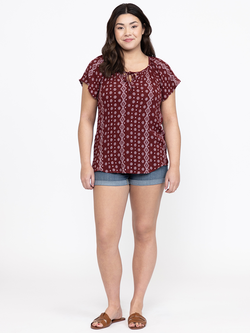 Women's Geo Tie Neck Peasant Top