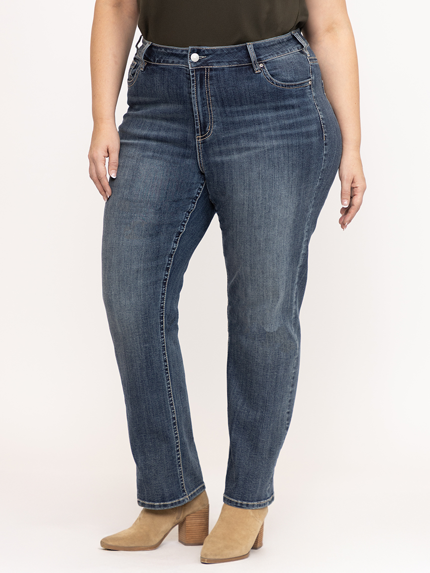 Women's Plus Medium Dark Wash Geo Embroidered Straight Jeans