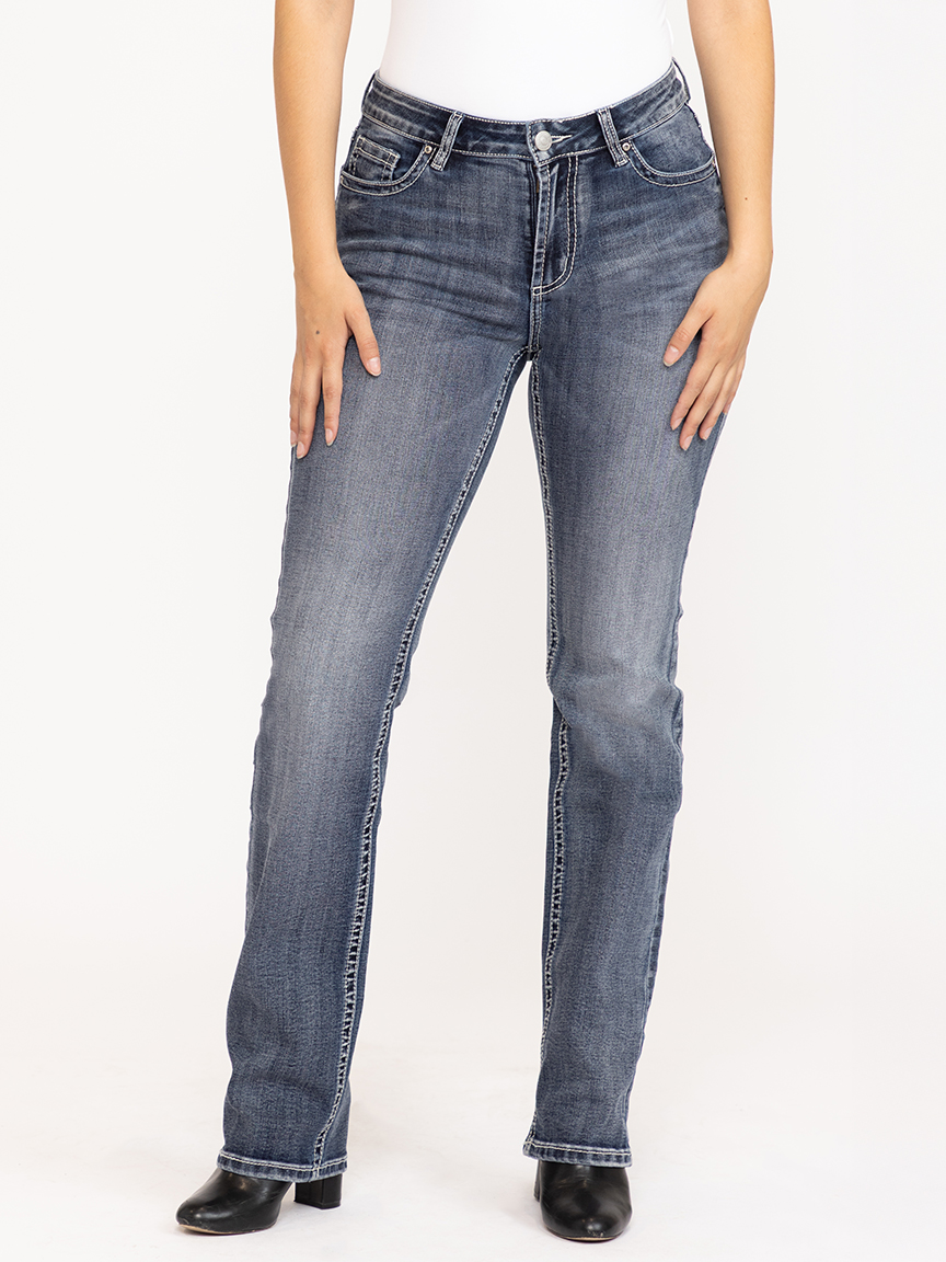 Women's Medium Dark Wash Wing Embellished Baby Boot Jeans