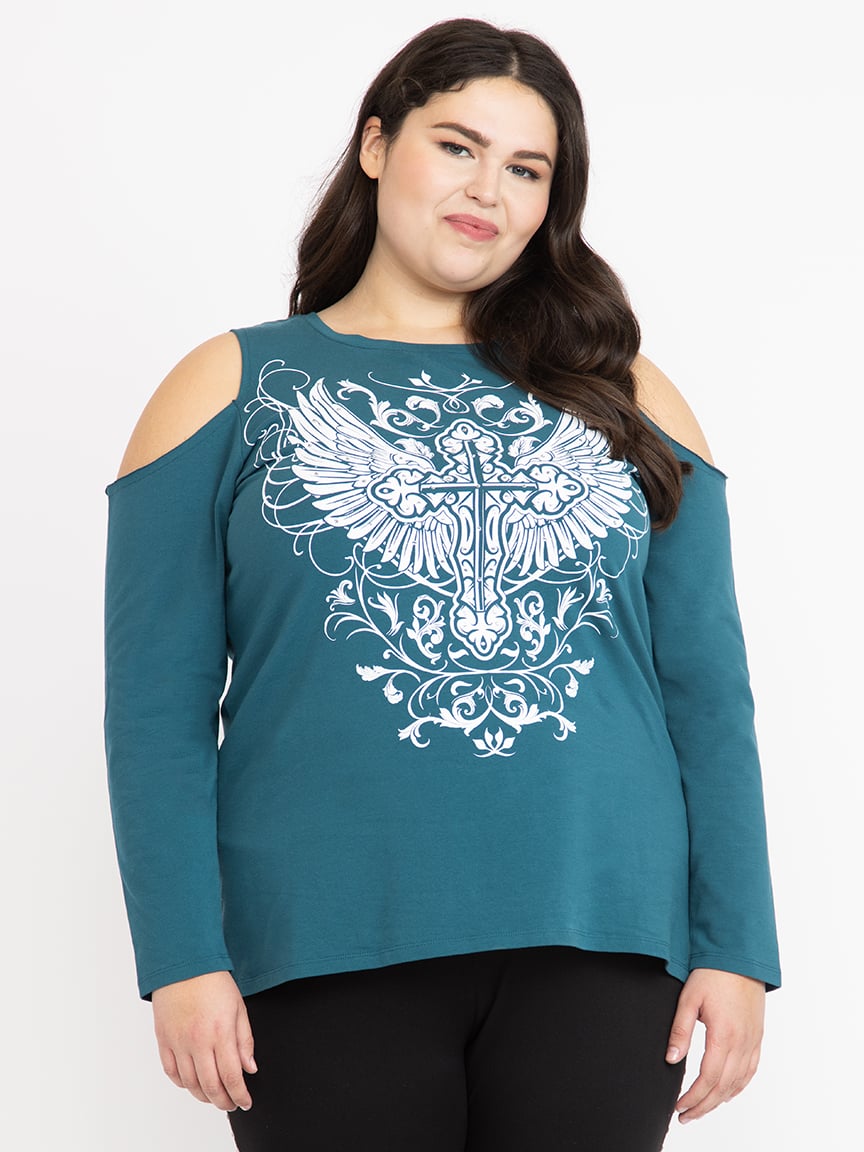 All-Over Print Women's Cold Shoulder T-shirt With Criss Cross Strips main image 1