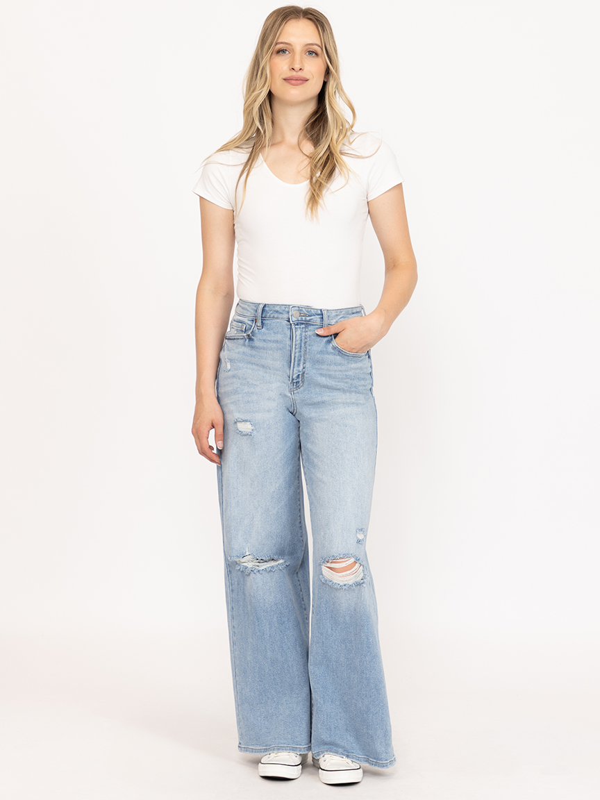 ★ ★ Women's High Rise Relaxed Fit Visual Wash D Women's Light Wash Distress High Rise Wide Leg Jeans