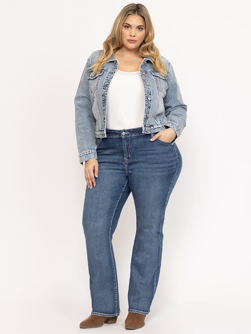 Women's Plus Medium Wash Embroidered Baby Boot Jeans