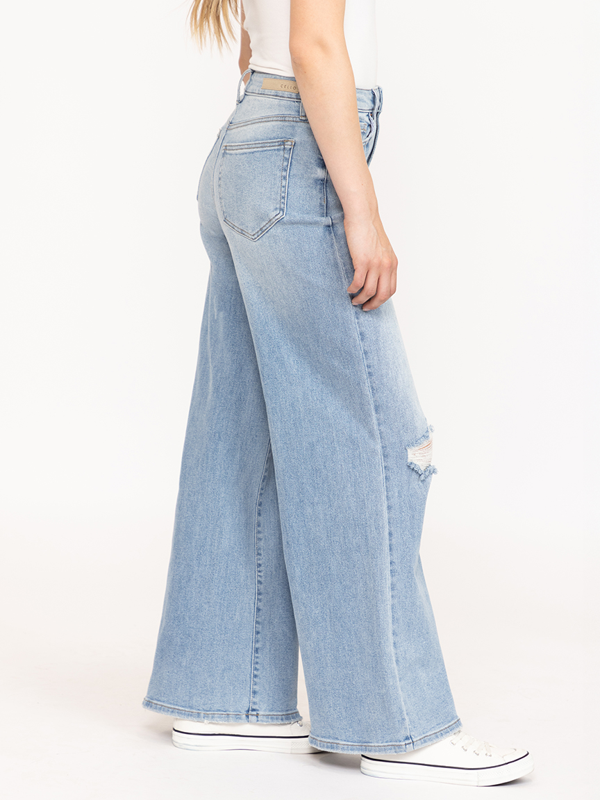 Women's Light Wash Distress High Rise Wide Leg Jeans