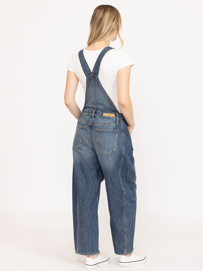 Women's Medium Wash Mid Rise Barrel Overall