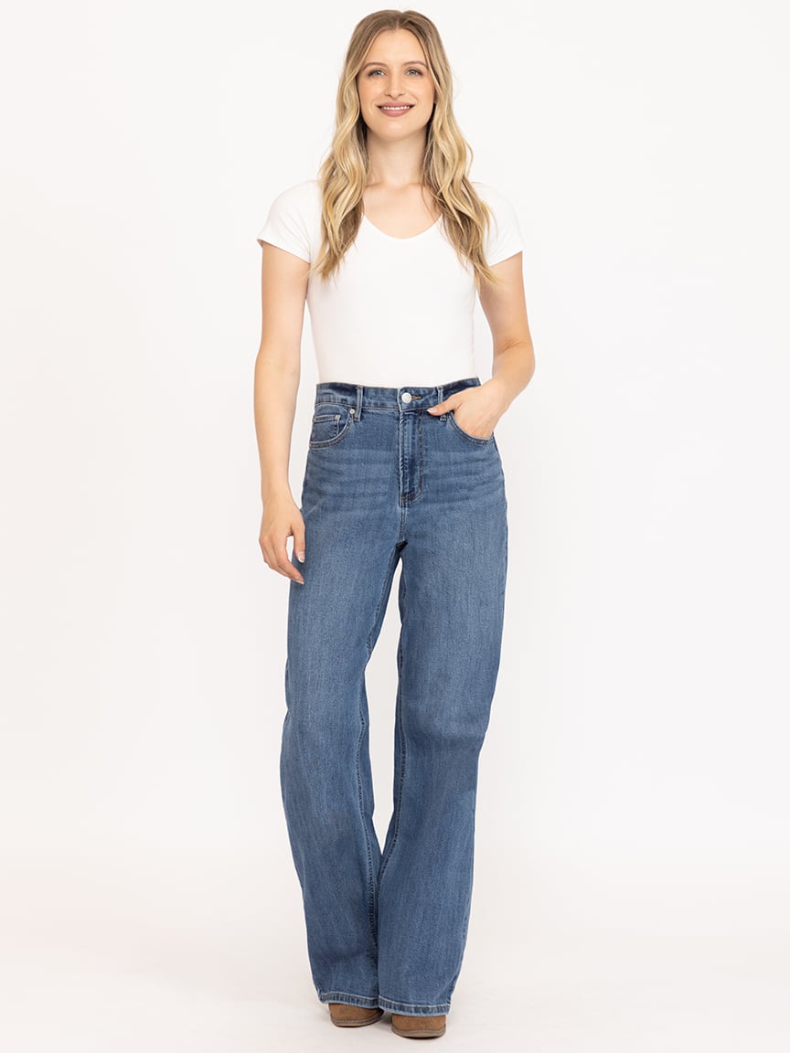 Women's High Rise Medium Dark Wide Leg Jeans