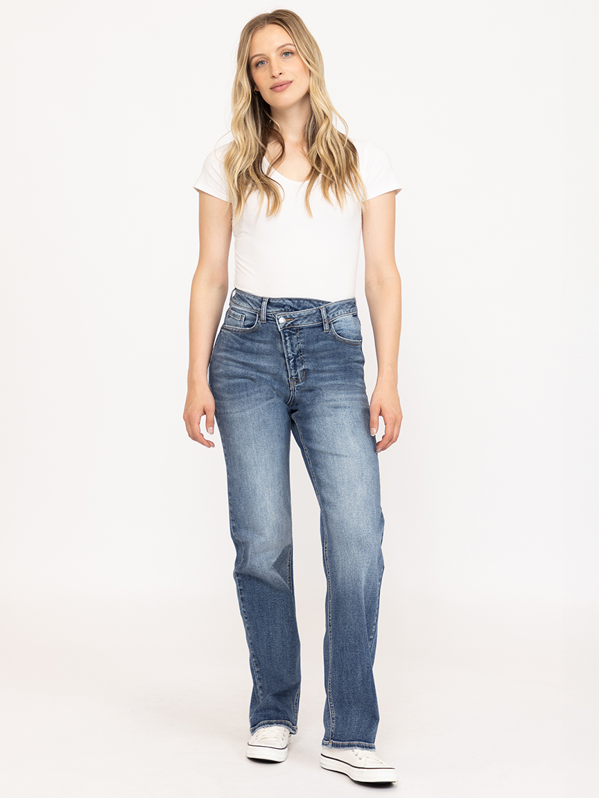 Women's Dark Wash Super High Rise Crossover Waist Dad Jeans
