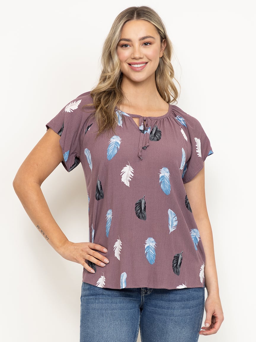 Women's Feather Tie Neck Peasant Top