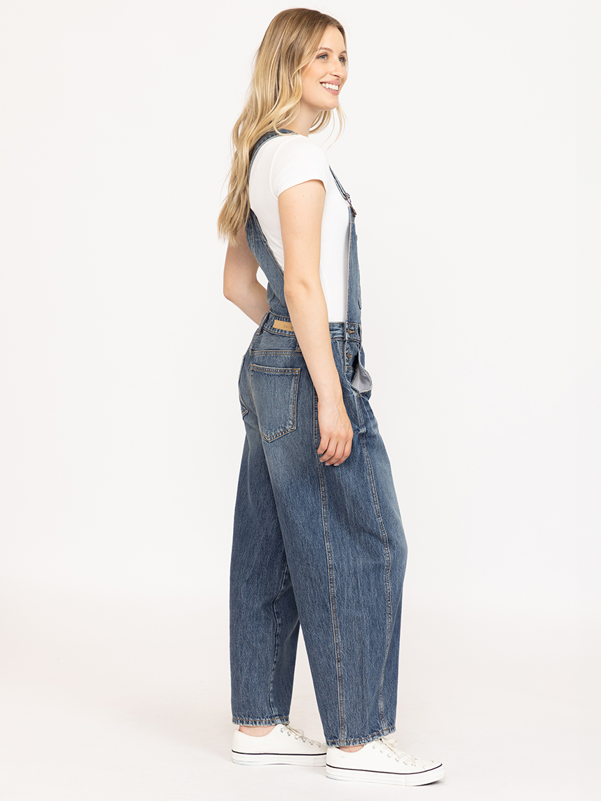 Women's Medium Wash Mid Rise Barrel Overall