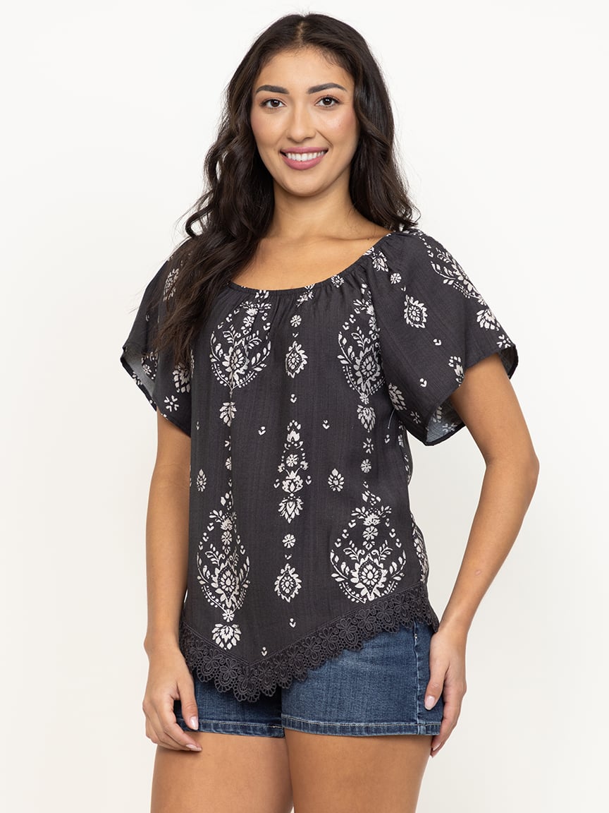 Women's Crochet Hem Peasant Top