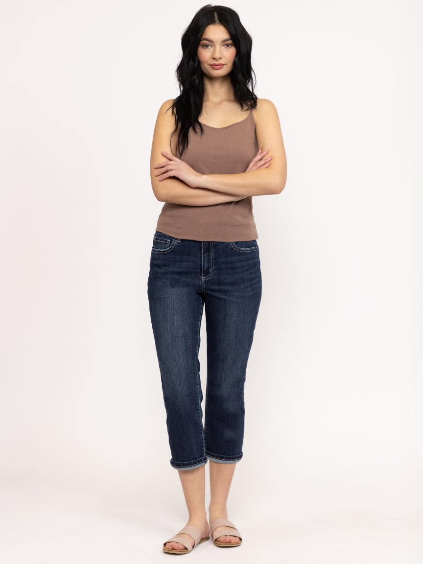 Women's 2 Button Dark Wash Mid Rise Cuffed Jean Capri