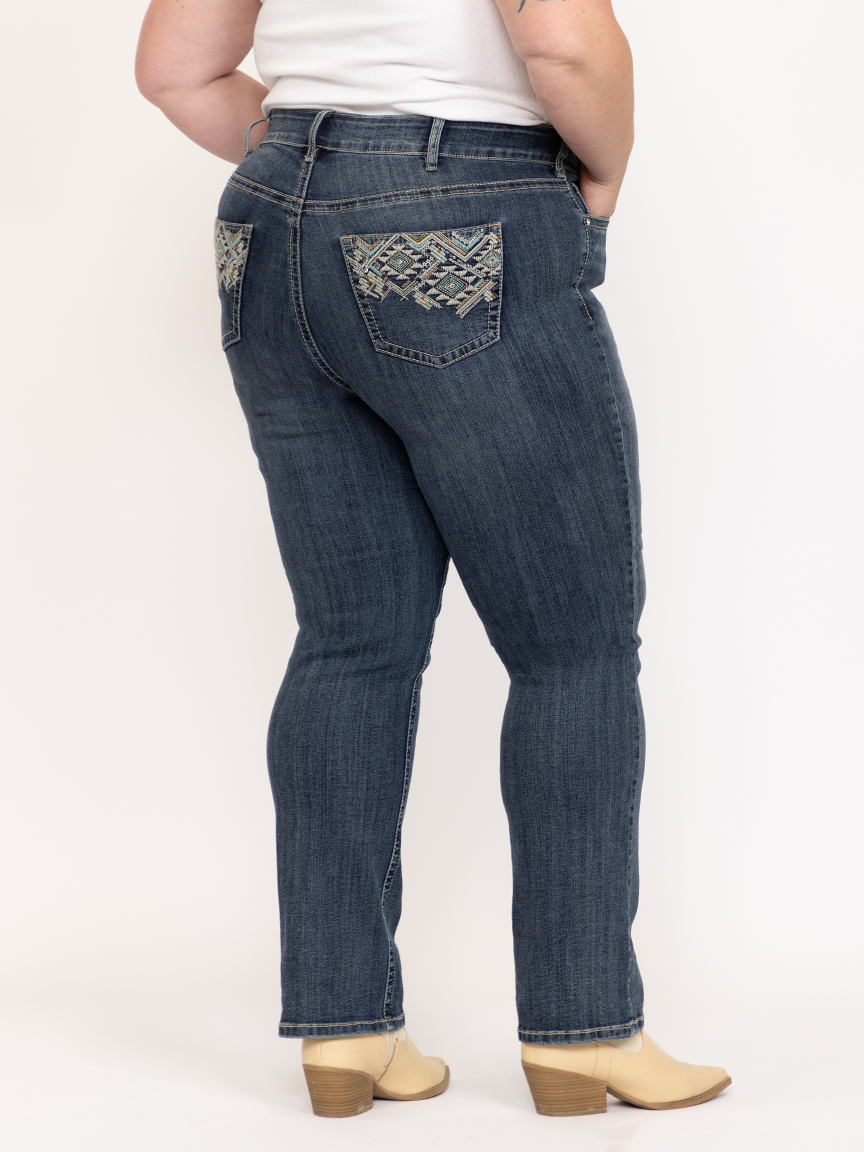 Women's Plus Medium Dark Wash Geo Embroidered Straight Jeans