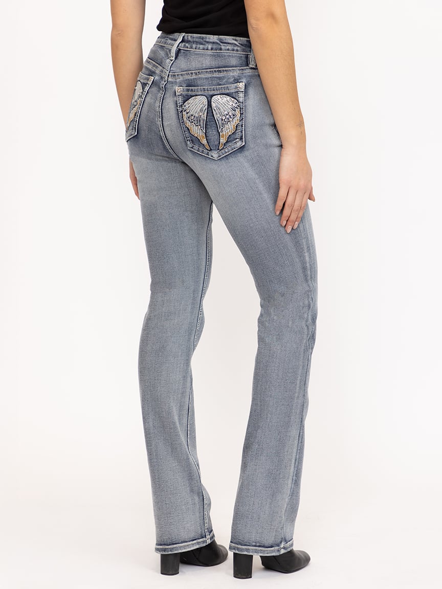 Women's Light Wash Wing Embellished Baby Boot Jeans