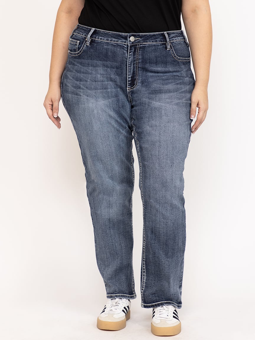 Women's Plus Medium Dark Wash Cross Embe