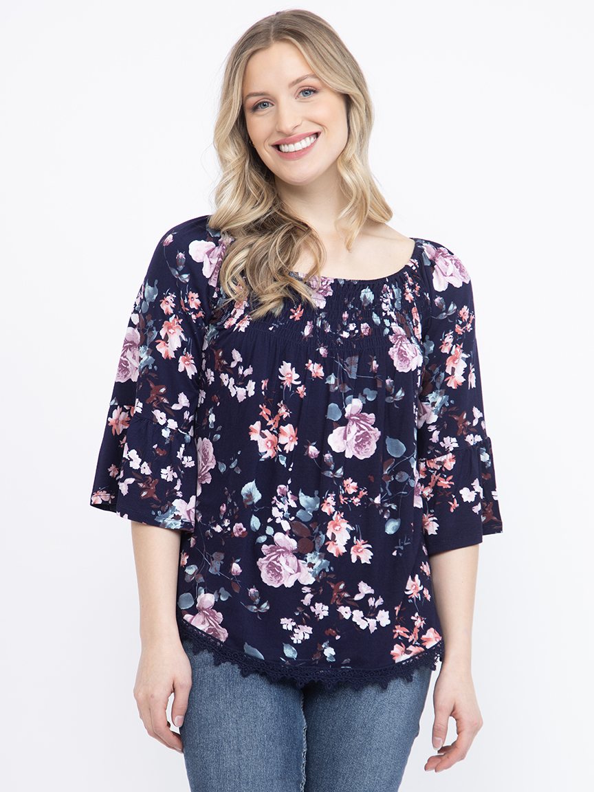 Women Off White Floral Bell Sleeve Peplum Crop Top