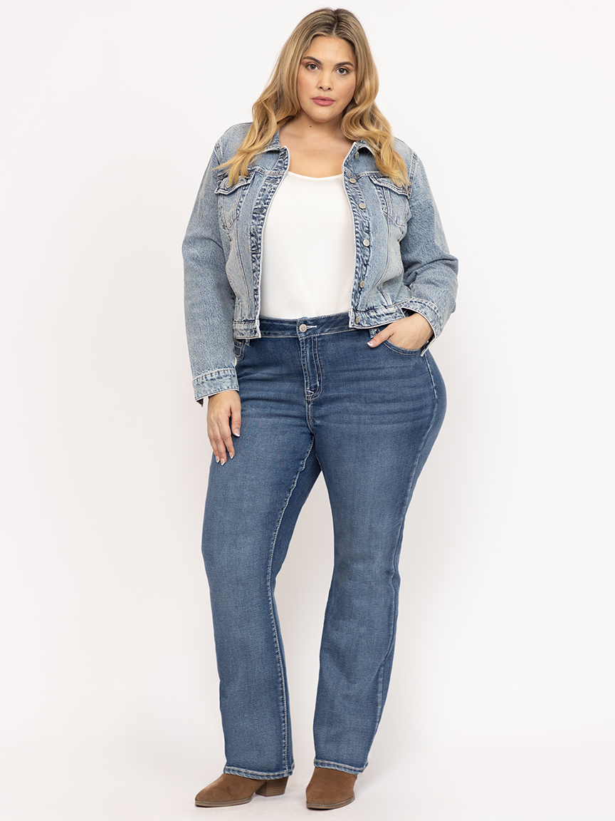 Women's Plus Medium Wash Embroidered Baby Boot Jeans