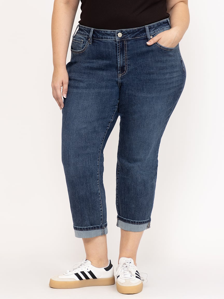 Women's Plus Medium Dark Wash Cuffed Girlfriend Jeans