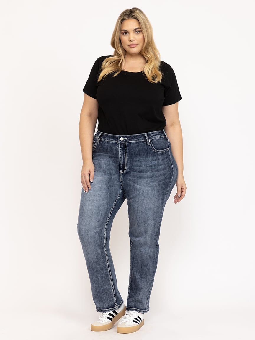 Women's Plus Medium Dark Wash Cross Embe