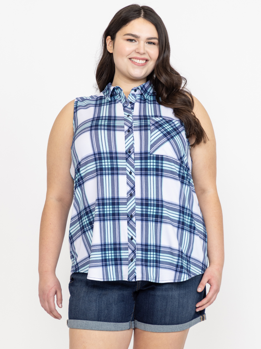 Women's Zip V-Neck Plaid Shirt - Short Sleeve & Sleeveless Casual Top, Lightweight Stretch Fabric - View #8