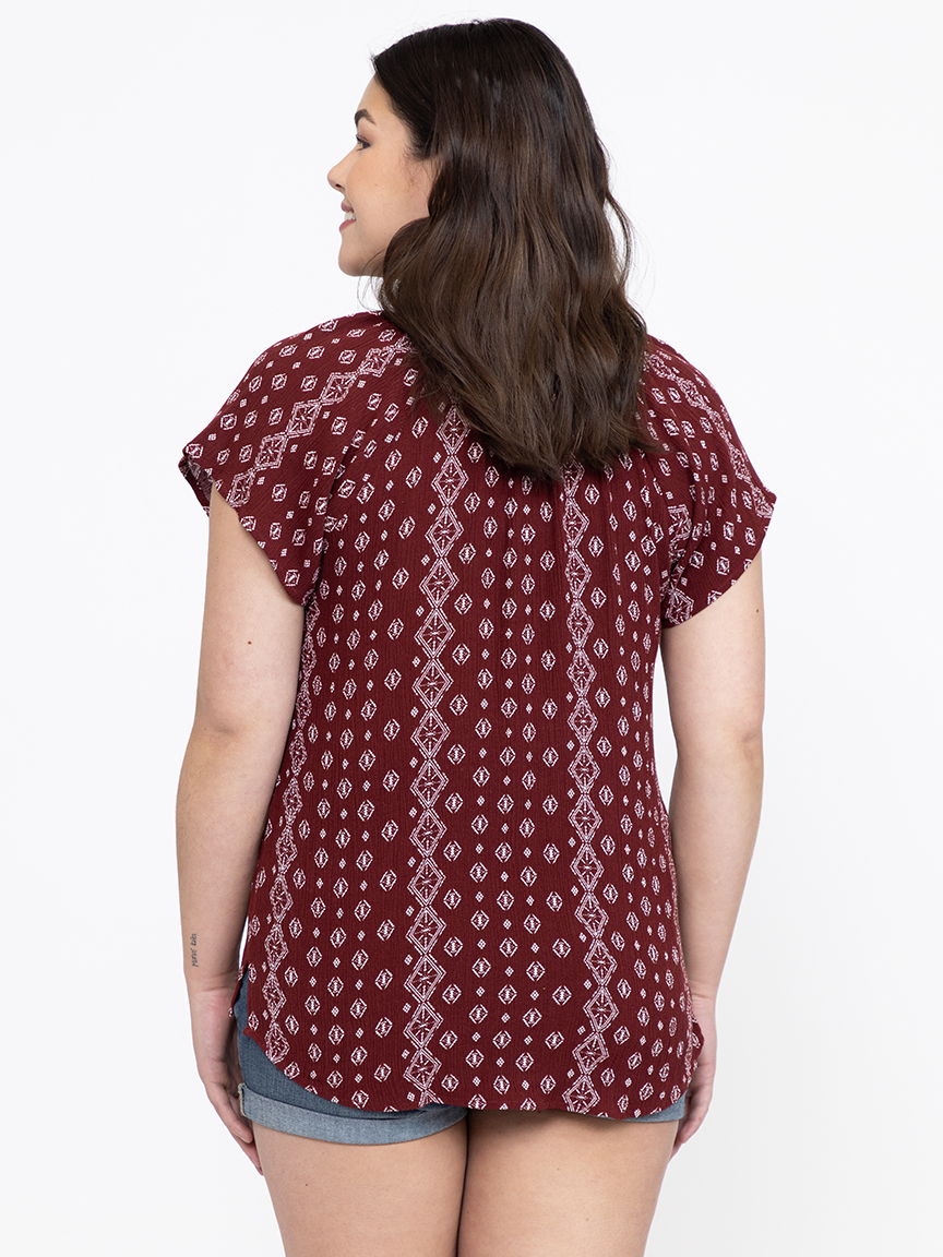 Women's Geo Tie Neck Peasant Top