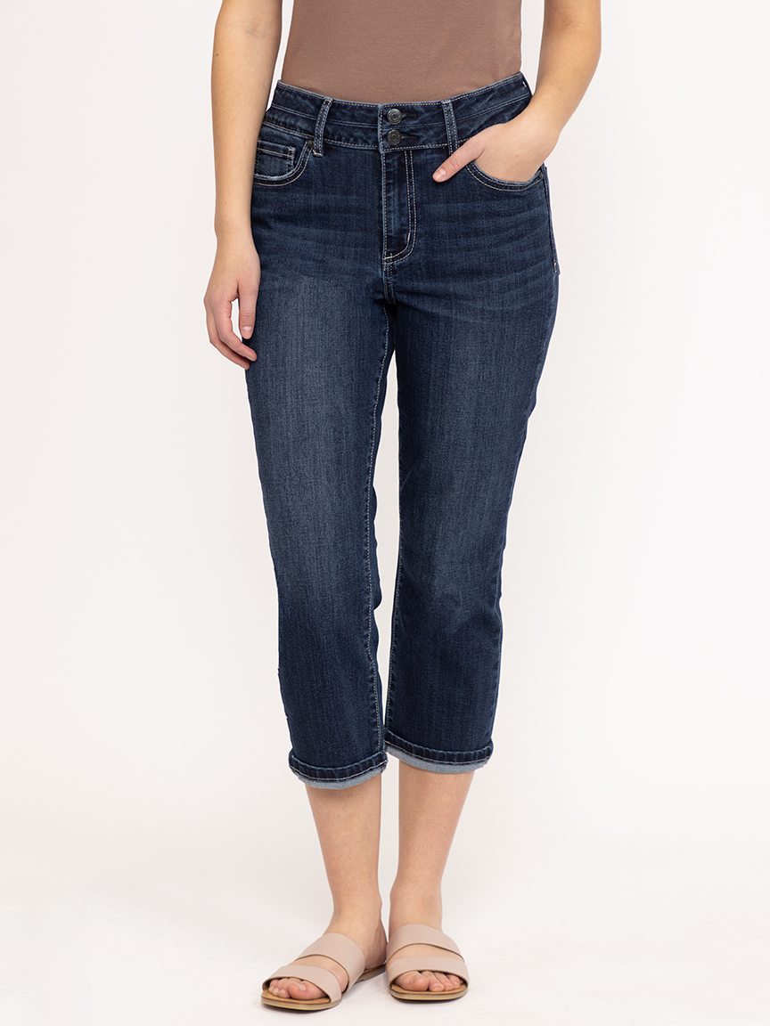 Women's 2 Button Dark Wash Mid Rise Cuffed Jean Capri