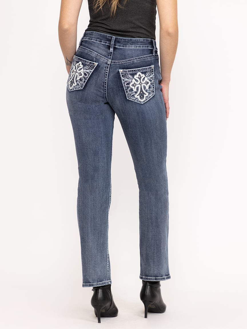 Women's Medium Dark Wash Cross Embellished Baby Boot Jeans