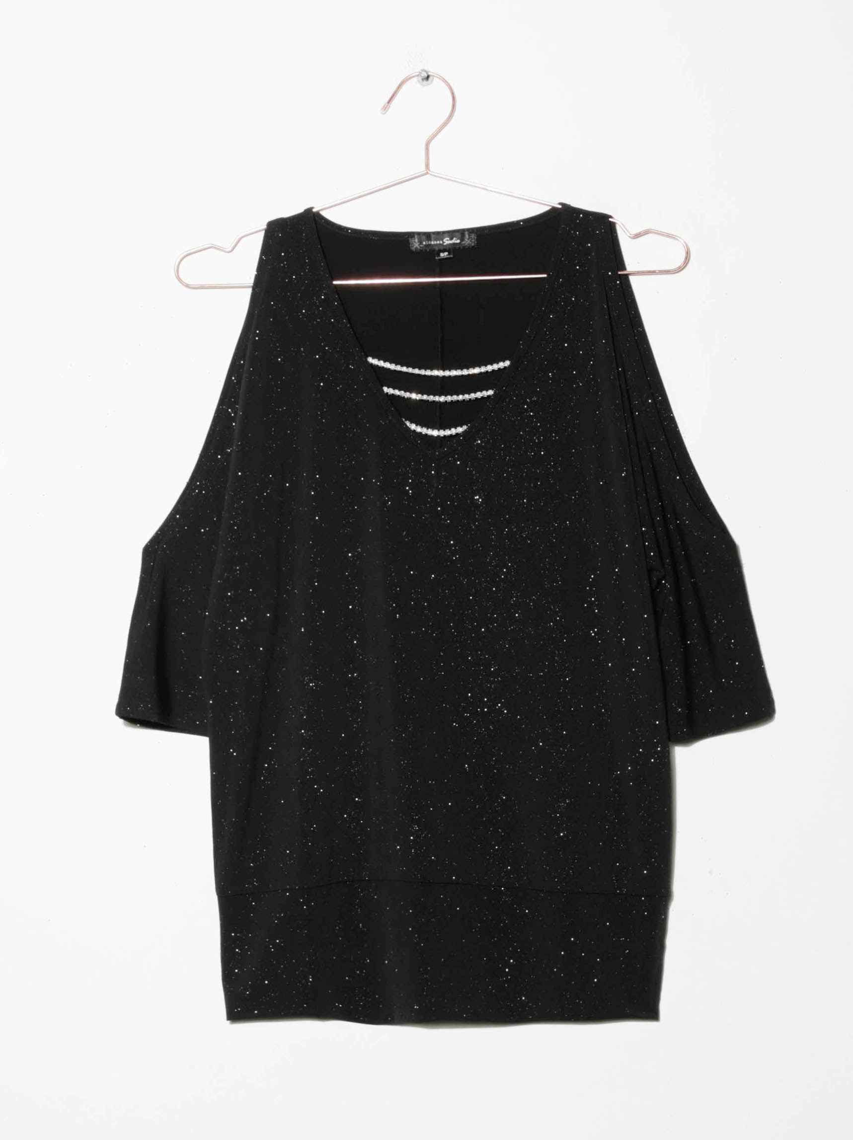 【MORE THAN BLACK】25SS★ SNAP V HALF SLEEVE Women's Shimmer Split Sleeve Top Warehouse One